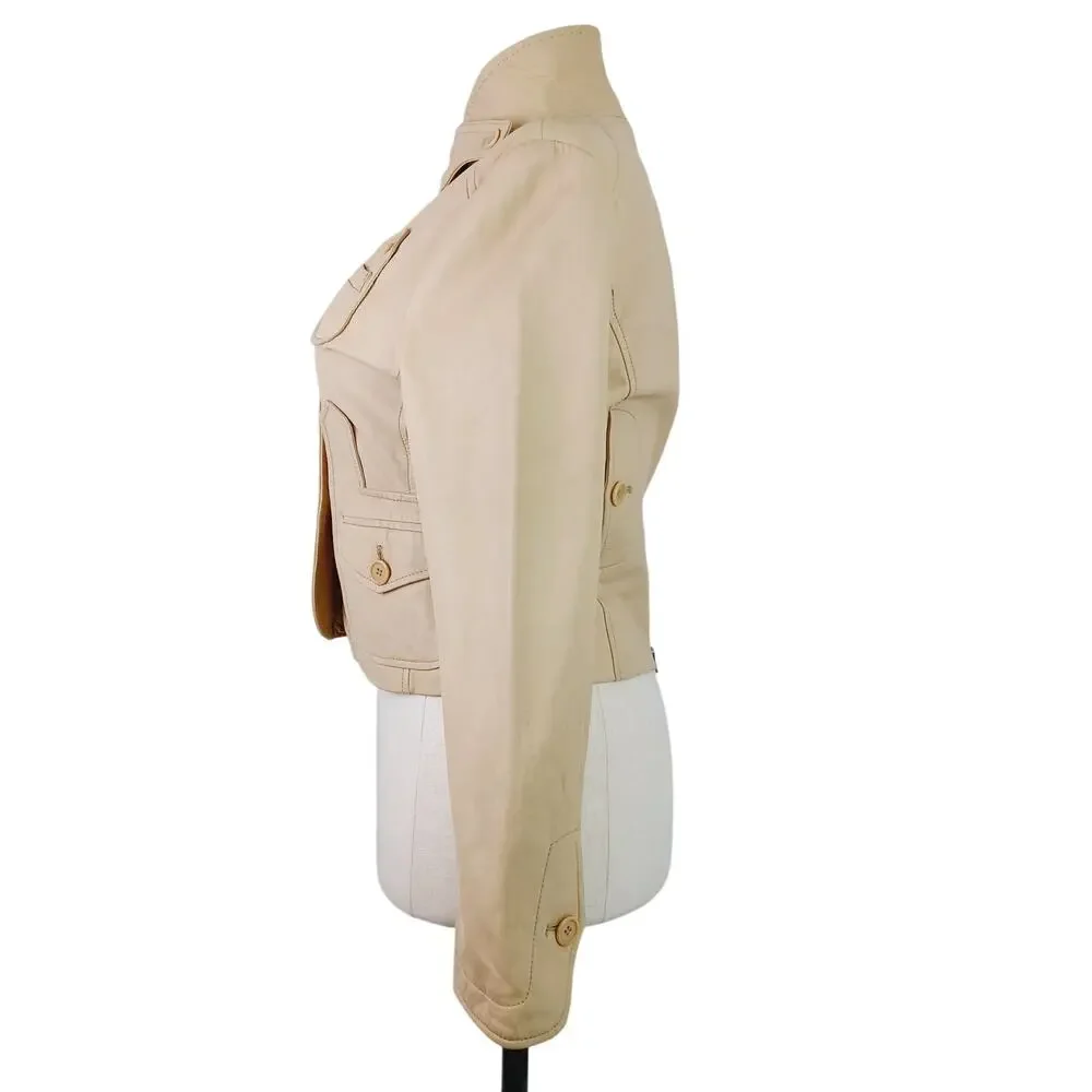 BCBGMAXAZRIA SZ L 100% Leather Butter Tan Short 3 Button Collared Jacket Pockets